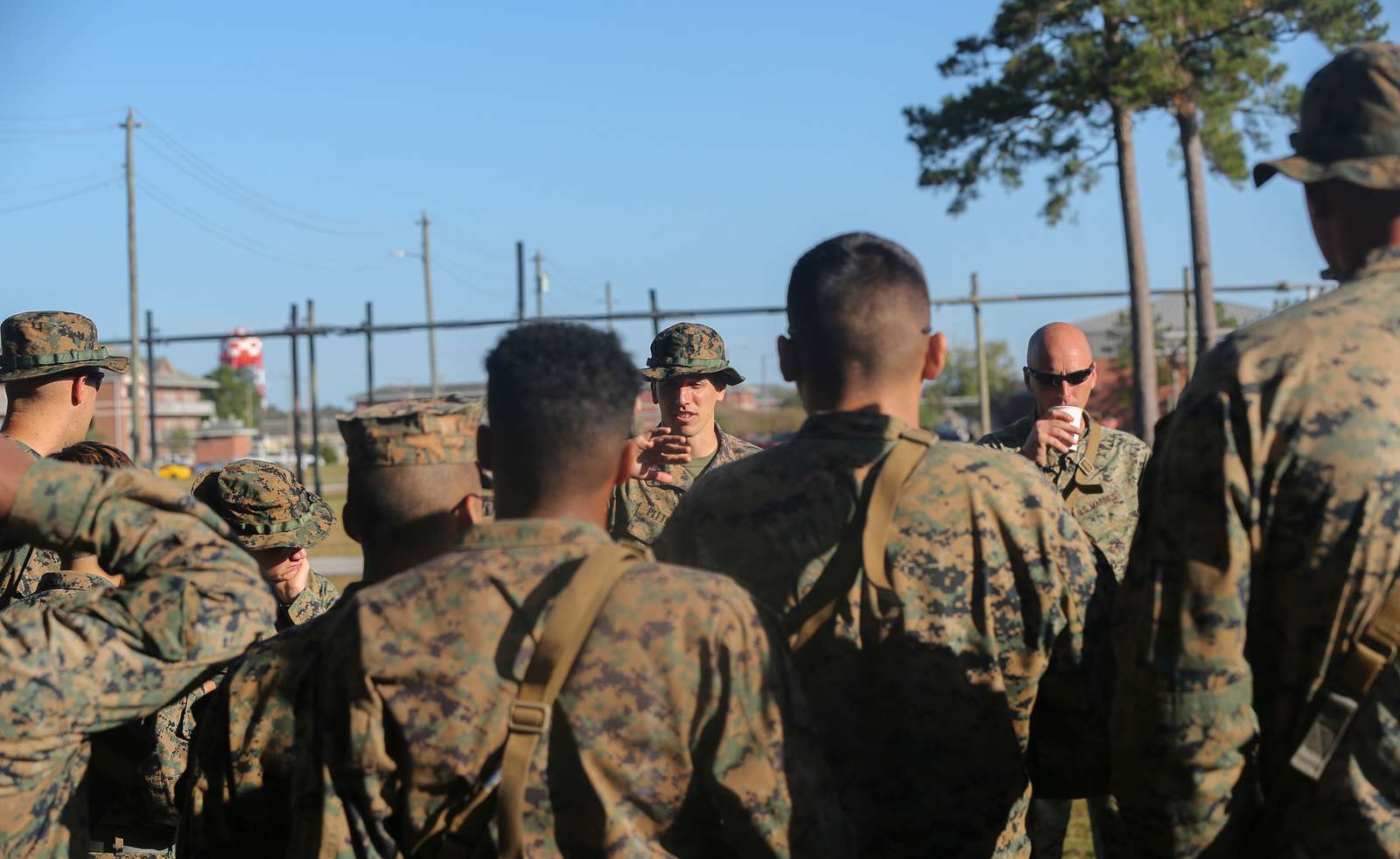 Sgt. Maj. Carlos A. Ruiz, Force Sergeant Major, Marine Forces Reserve  (MARFORRES), speaks with sergeants and petty officers 2nd class of  MARFORRES at Marine Corps Support Facility New Orleans, Mar. 3, 2021.