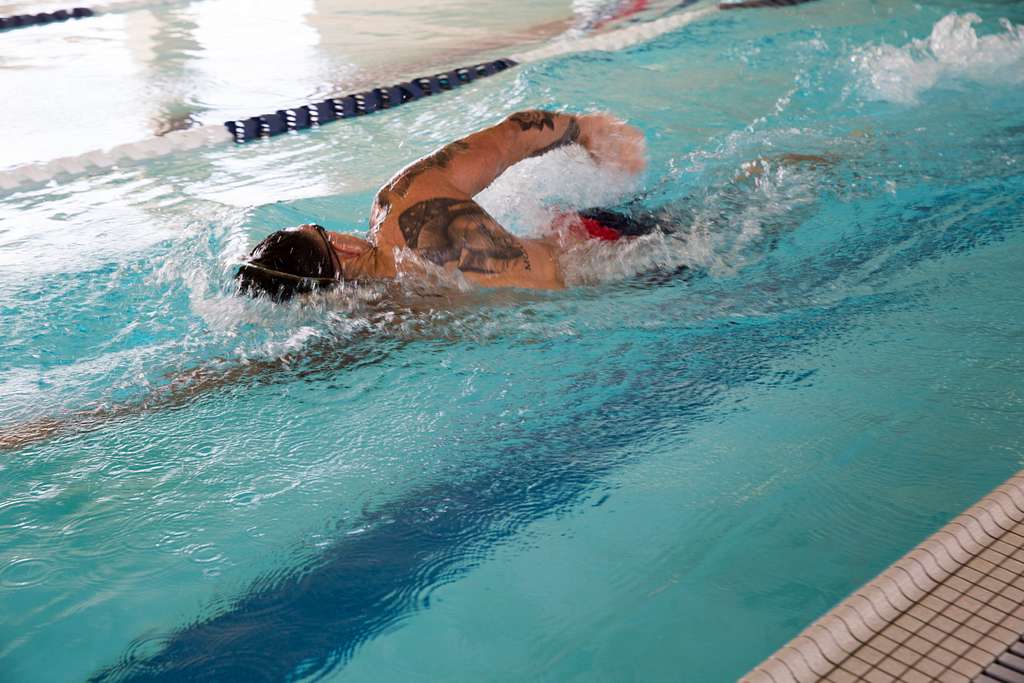 Frouke Beeksma, an athlete of the Royals Swimming Team at the Queens  University of Charlotte, participates in Marine Corps water survival  training during United States Marine Corps' 2018 Marine Week in Charlotte