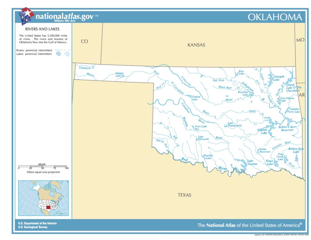 Map of Oklahoma. Rivers and Lakes. - Public domain map - PICRYL ...