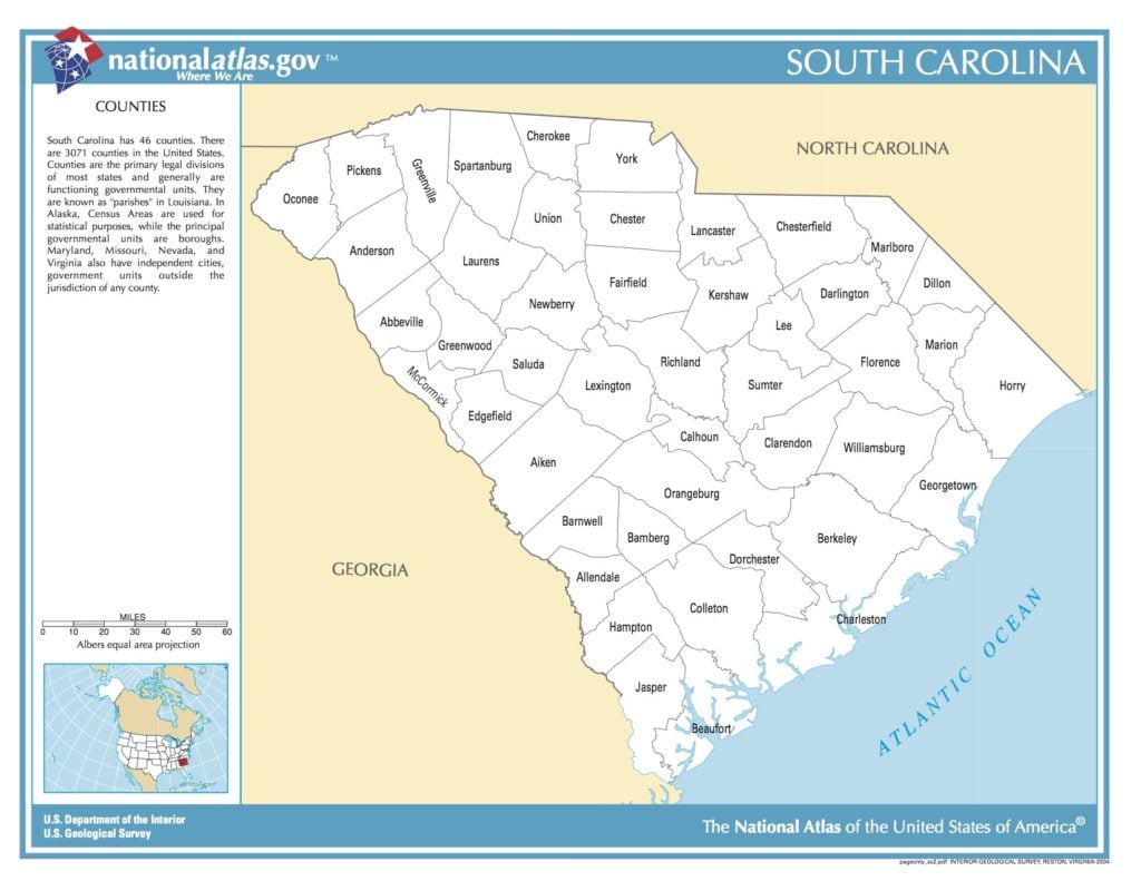 Map of South Carolina. Counties. - Public domain map - PICRYL - Public ...