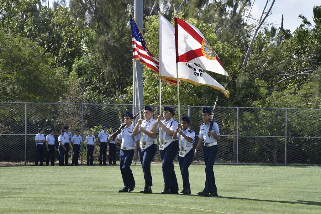 SAN DIEGO (April 24, 2016) Members of the color guard from the aircraft  carrier USS Theodore Roosevelt (CVN 71) parade the colors on the field at  Petco Park, home field of the