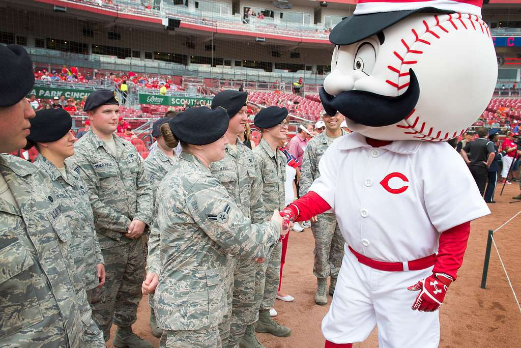 Cincinnati Reds mascot Mr. Red sits in the stands during a