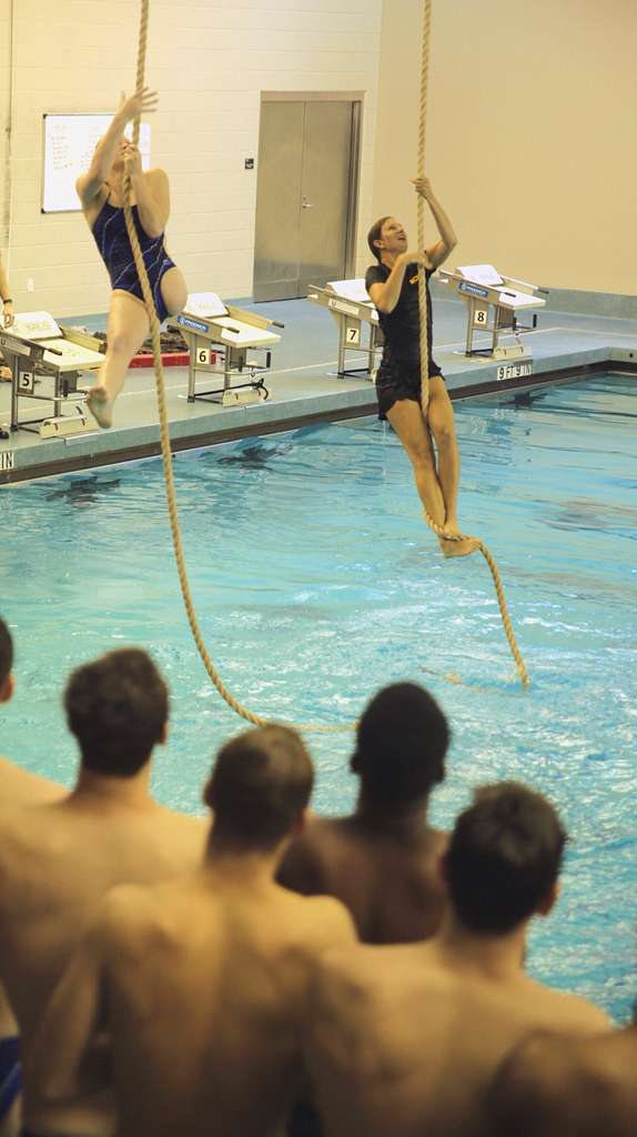 Frouke Beeksma, an athlete of the Royals Swimming Team at the Queens  University of Charlotte, participates in Marine Corps water survival  training during United States Marine Corps' 2018 Marine Week in Charlotte