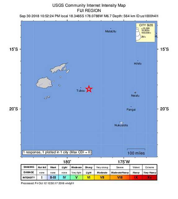 2018-09-30 Ndoi Island, Fiji M6.7 earthquake intensity map (USGS ...