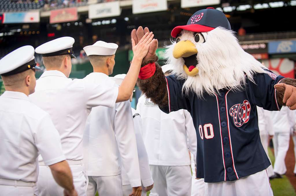 WASHINGTON (May 14, 2019) Screech, the Washington Nationals mascot, shakes  hands with Personnel Specialist 1st Class Angelita Baggoo, Navy Reserve  Sailor of the Year, at Nationals Park in Washington, D.C. - PICRYL 