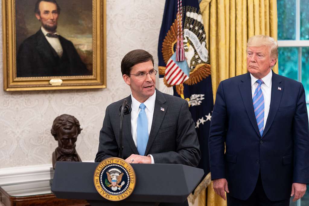 Dr. Mark Esper stands with his wife Leah prior to his swearing in as United  States Secretary of Defense in an Oval Office ceremony at the White House  in Washington, DC, U.S.