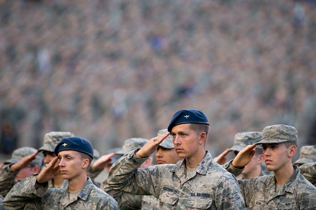 U.S. AIR FORCE ACADEMY, Colo. – Air Force's Academy cadets salute during  the National Anthem before the Commander's Classic, a football game between  Air Force and Army on Nov. 5, 2022 at