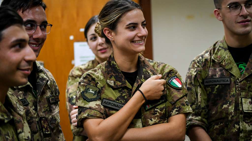 Italian air force academy cadets listen to a unit briefing