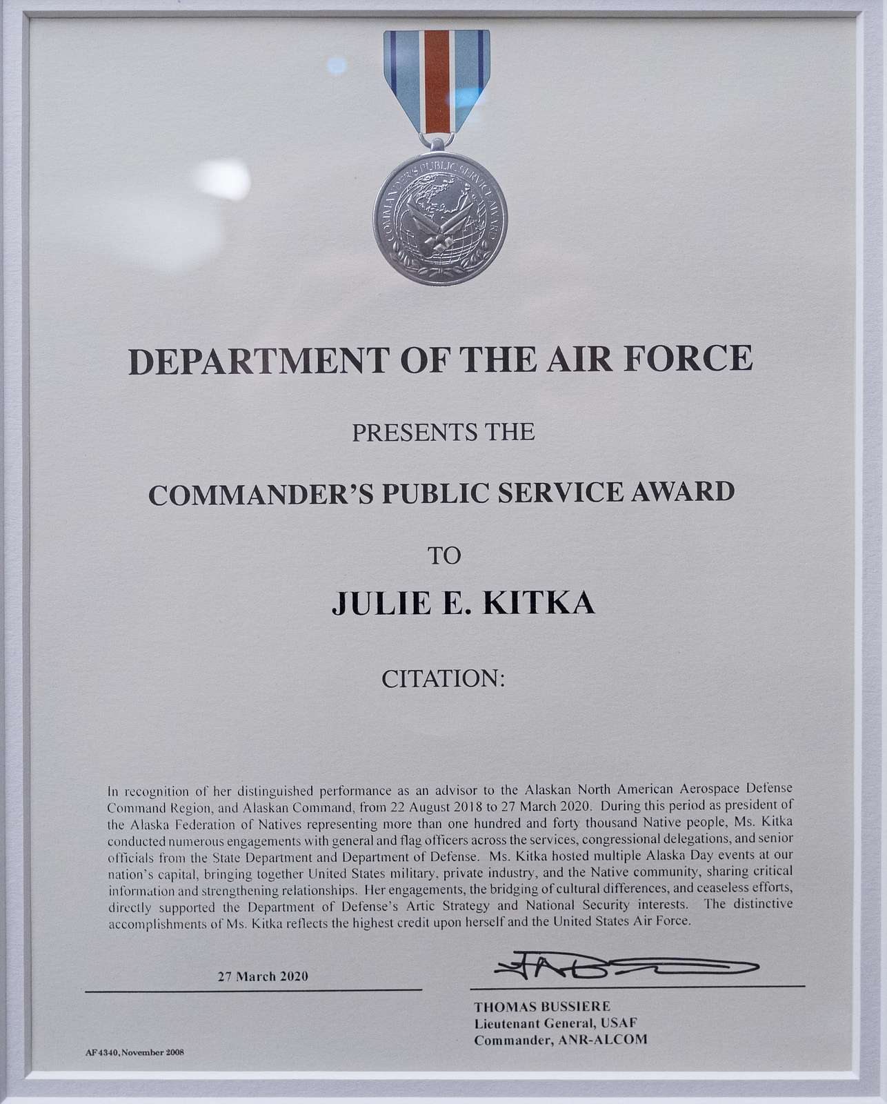 The Commander’s Public Service Award was the first U.S. National