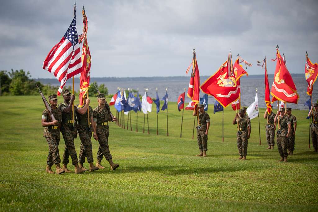 U.S. Marine Corps color guard marches during a change - NARA & DVIDS ...