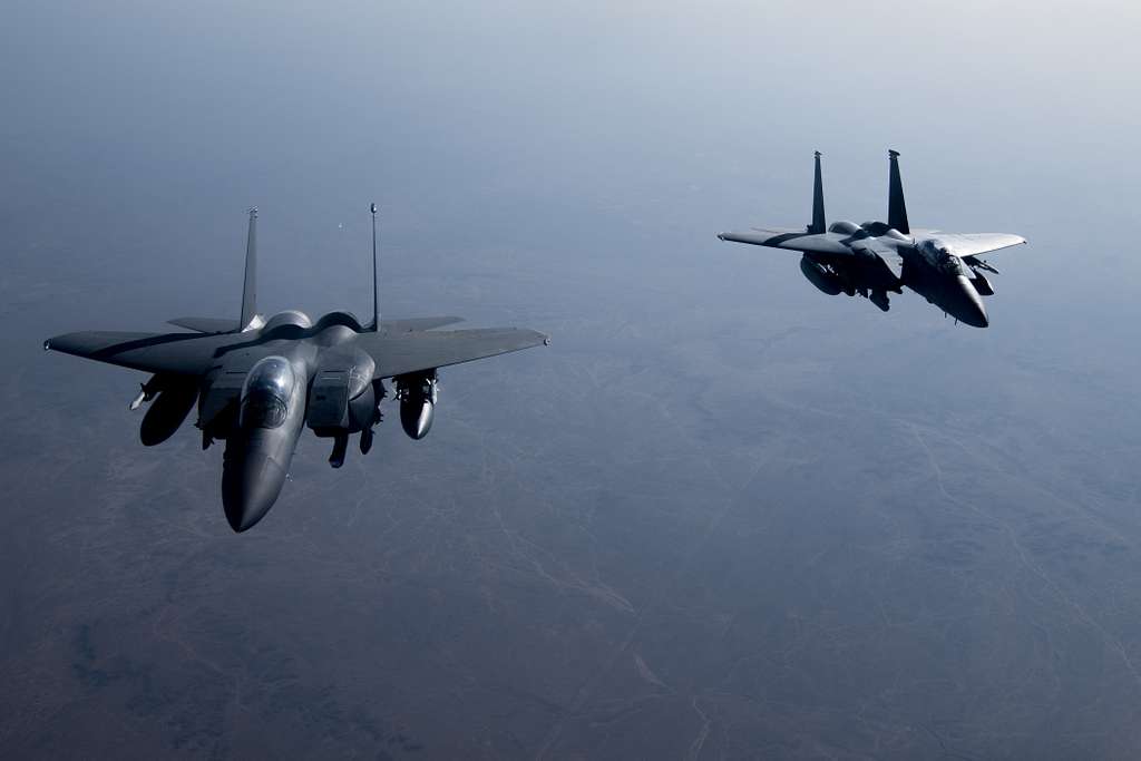 Two U S Air Force F E Strike Eagles Fly Over The Nara Dvids Public Domain Archive Public