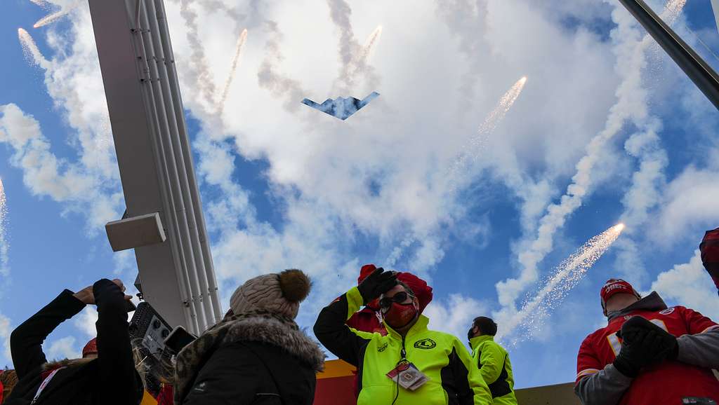 B-2 Spirit performs flyover before AFC Divisional Playoff game