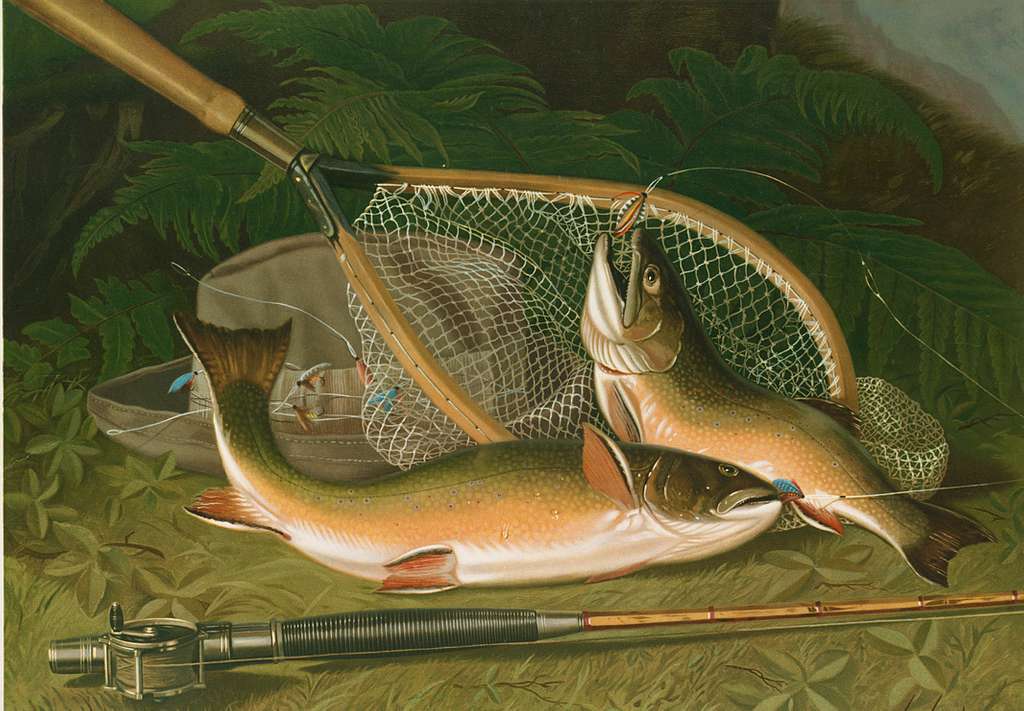 Late 1800s oil on canvas catch of the day fly fishing painting