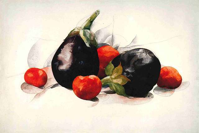 Still life with two peaches and eggplant