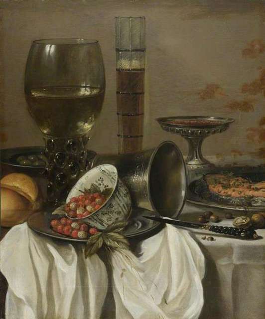 Pieter Claesz. - Stilleven met glaswerk, porseleinen schaaltje met ...