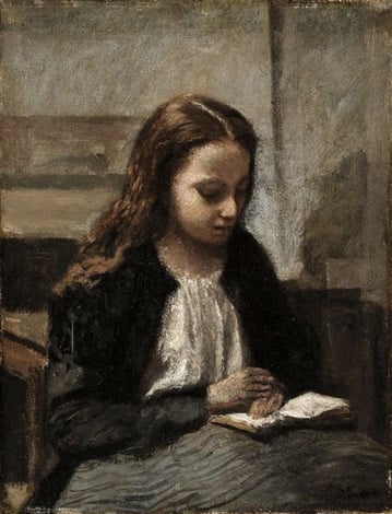 Corot - Jeune fille assise lisant, les cheveux sur les épaules, ca ...