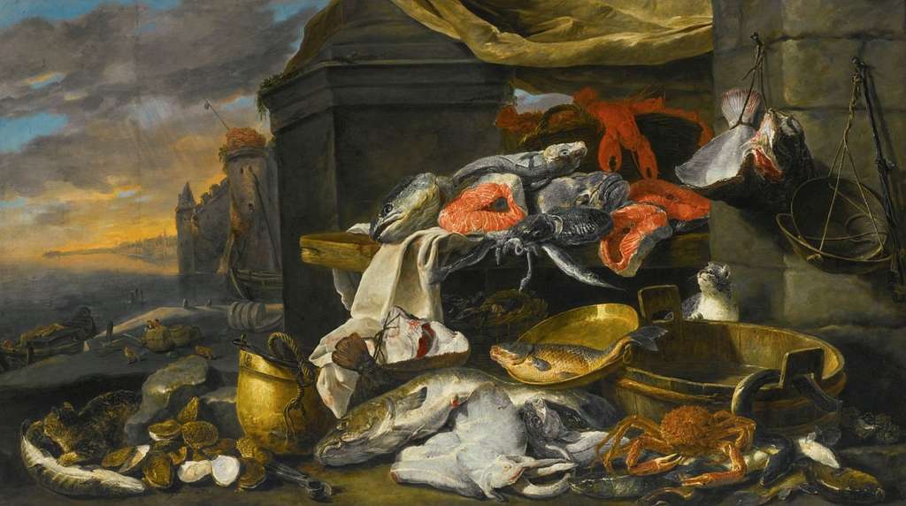 Still life with fish, fruit, vegetables and kitchen utensils . between 1630  and 1661 277 Alexander Adriaenssen - Still life with fish, fruit,  vegetables and kitchen utensils Stock Photo - Alamy