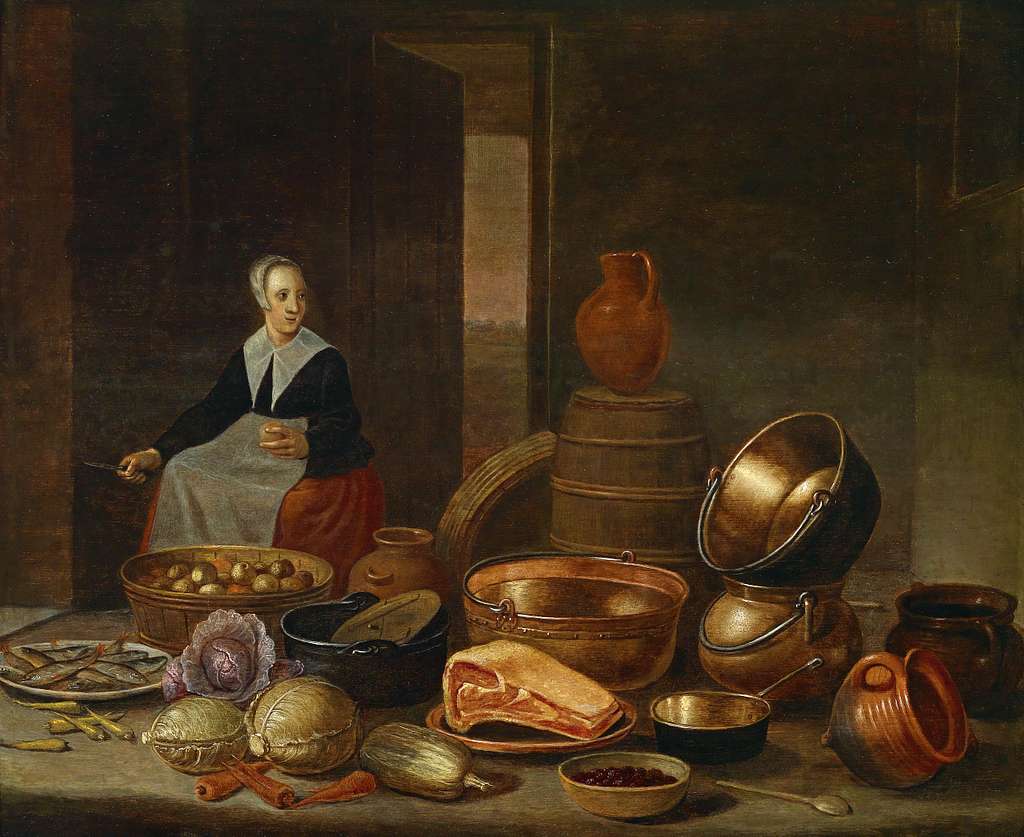 A Kitchen Maid Standing by a Table with Copper pots pewter Plates and other  Objects Painting by Willem van Odekercken - Fine Art America