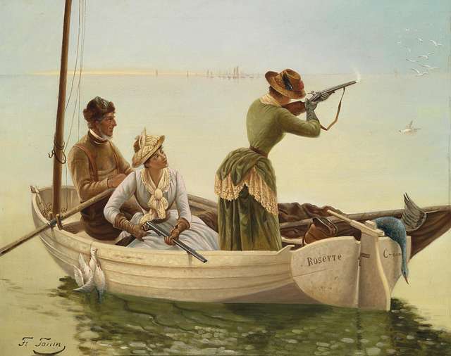 Young girl and two men fishing from boat - PICRYL - Public Domain