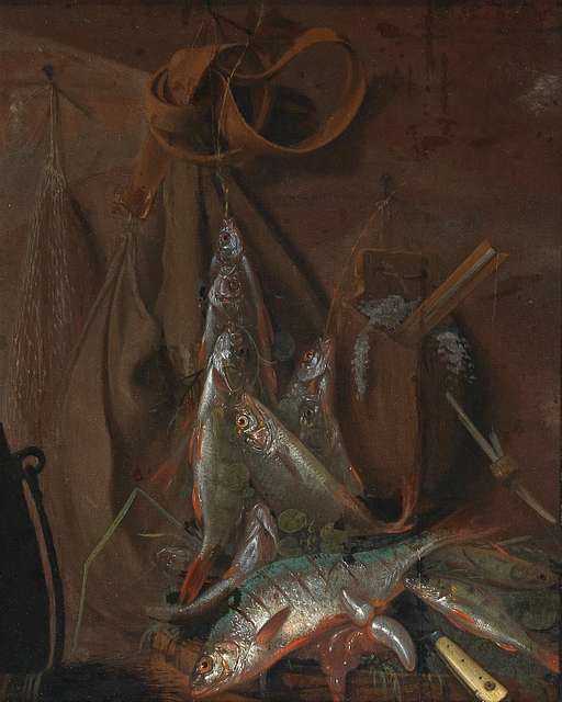 A Still Life Of Freshwater Fish And Fishing Nets, Piled High On A Stone  Ledge In A Niche oil painting reproduction by Jakob Gillig 