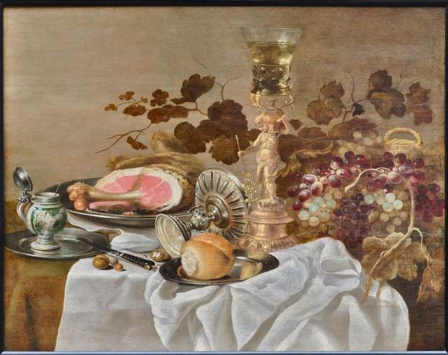 Roelof Koets - Pronk still-life with basket, grapes, ivy, bekerschroef,  rummer, tazza, bread and ham 614442 - PICRYL - Public Domain Media Search  Engine Public Domain Search