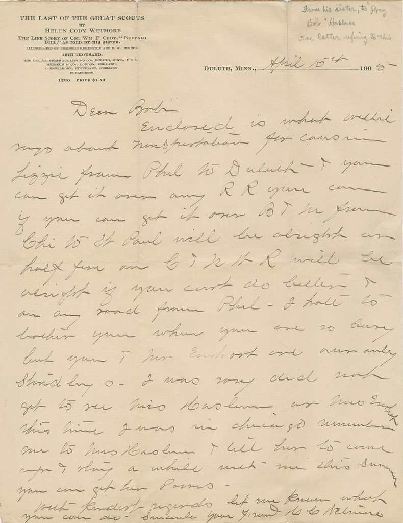 Helen Cody Wetmore letter to Robert 