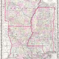 1862 Johnson Map of Louisiana, Mississippi and Arkansas Stock