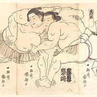 The Sumo Wrestlers Takaneyama Yoichiemon and Sendagawa Kichigoro. Artist:  Katsushika Hokusai (Japanese, Tokyo (Edo) 1760-1849 Tokyo (Edo)). Culture:  Japan. Dimensions: H. 12 1/3 ( 30.6 cm; W. 5 3/32 in. (12.9 cm).