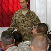 U.S. Army Col. Curtis Buzzard, Commander of the Joint Multinational  Readiness Center Operations Group, briefs distinguished visitors,  Hohenfels, Germany, May 3, 2018. Various military and civilian officials  came to Hohenfels to see