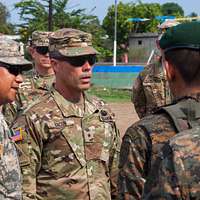 U.S. Army Col. Curtis Buzzard, Commander of the Joint Multinational  Readiness Center Operations Group, briefs distinguished visitors,  Hohenfels, Germany, May 3, 2018. Various military and civilian officials  came to Hohenfels to see