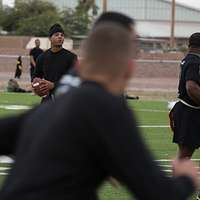 U.S. Military Police and Engineers play flag football on Thanksgiving at  Davis-Monthan Air Force Base, November 22, 2018. U.S. Northern Command is  providing military support to the Department of Homeland Security and