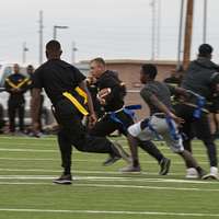 U.S. Military Police and Engineers play flag football on Thanksgiving at  Davis-Monthan Air Force Base, November 22, 2018. U.S. Northern Command is  providing military support to the Department of Homeland Security and